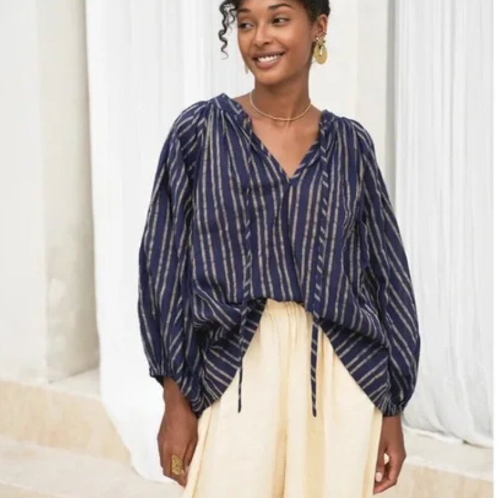 Daughters Of India Poet Blouse in Sapphire Small Oversized Fit Cotton